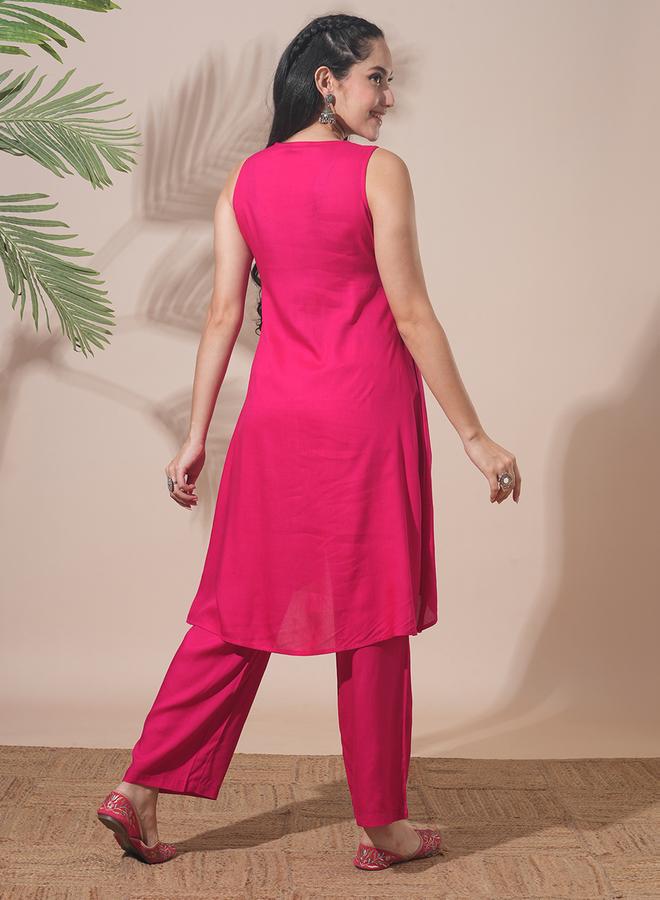 globus Women Pink Embroidered A-Line Kurta with Pant Set - Image 2